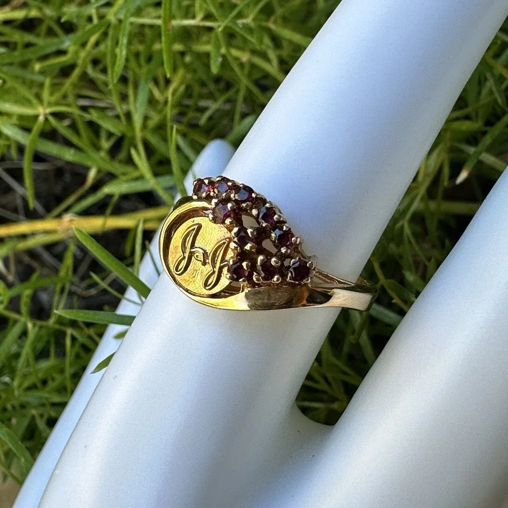 Vintage Jostens Statement Ring Stamped 14k Gold Ruby Cluster Sz 7.5 JJ Logo 3.8g